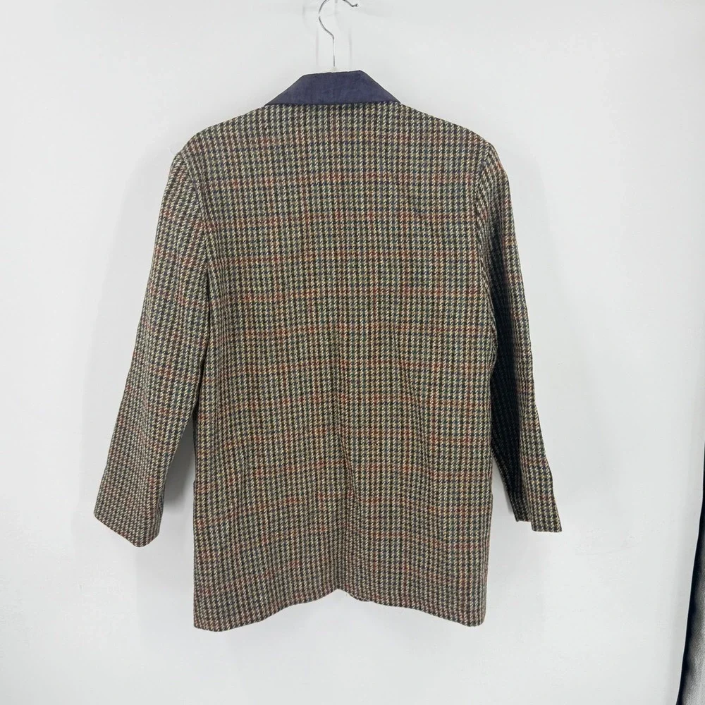 Vintage International Scene Wool Houndstooth Blazer Suede Collar Pocket Size 7/8